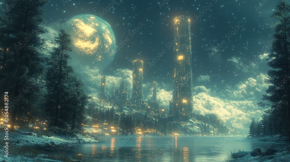 Obraz premium Futuristic cityscape with glowing towers and a celestial backdrop.