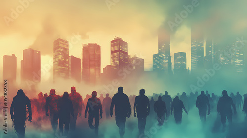 Scary undead zombie horde with fog in front of a city skyline background. halloween and horror concept. Zombie Horde. Illustration