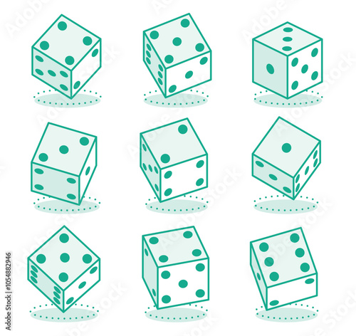 Isometric collection of dices on a white background. Outline objects. Set of cubes for gambling and board games. White cubes with random numbers.
