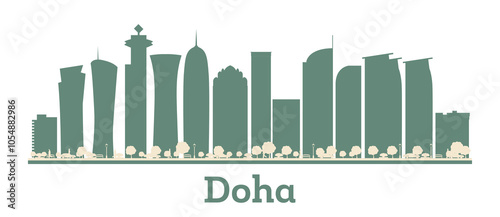 Abstract Doha Qatar city skyline silhouette with color skyscrapers. Doha cityscape with landmarks.