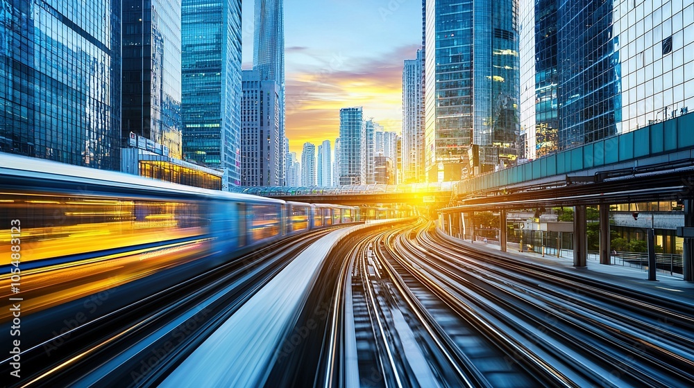 Modern Cityscape with Train Tracks and Sunset Sky Modern Cityscape with Train Tracks and Sunset Sky