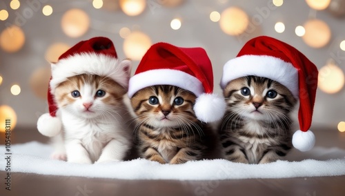 adorable kittens wearing red Santa hats sitting on a soft snowy surface against bokeh lights background