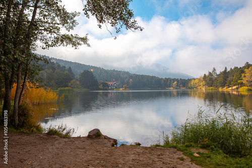 Bolu Golcuk Lake and famous house view with reflections. photo