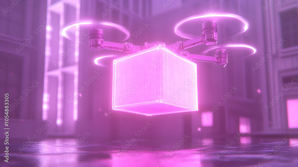 3D Robotic Drone Lifting Holographic Cargo Box in Open Space Wide Shot, Represents Automation Expansion in Robotics with Copy Space, Glow Emphasizes Technological Advancement, Icon Isolated White Back