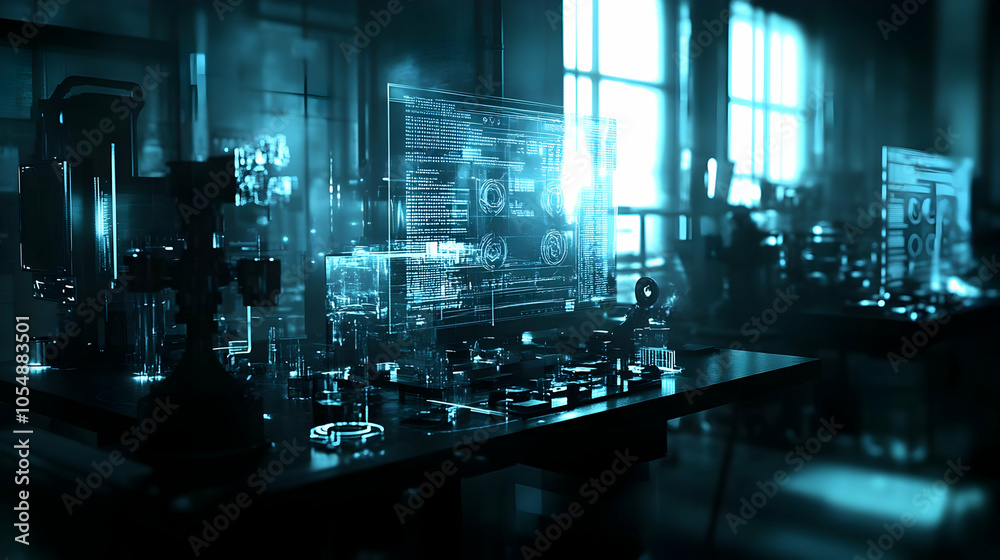 3D Robotic Factory Worker Analyzing Data on Holographic Screen Close-Up, Glowing Machinery Background, Real-Time Metrics Display, Innovative Industry Technology Concept, Futuristic Work Environment Ic 3D Robotic Factory Worker Analyzing Data on Holographic Screen Close-Up, Glowing Machinery Background, Real-Time Metrics Display, Innovative Industry Technology Concept, Futuristic Work Environment Ic