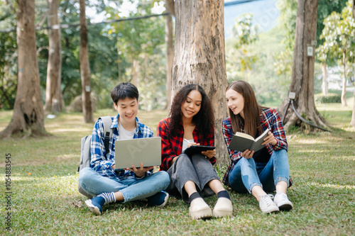 Cheerful group of diverse college students in casual attire walking together, enjoying campus life, and engaging in conversation. 