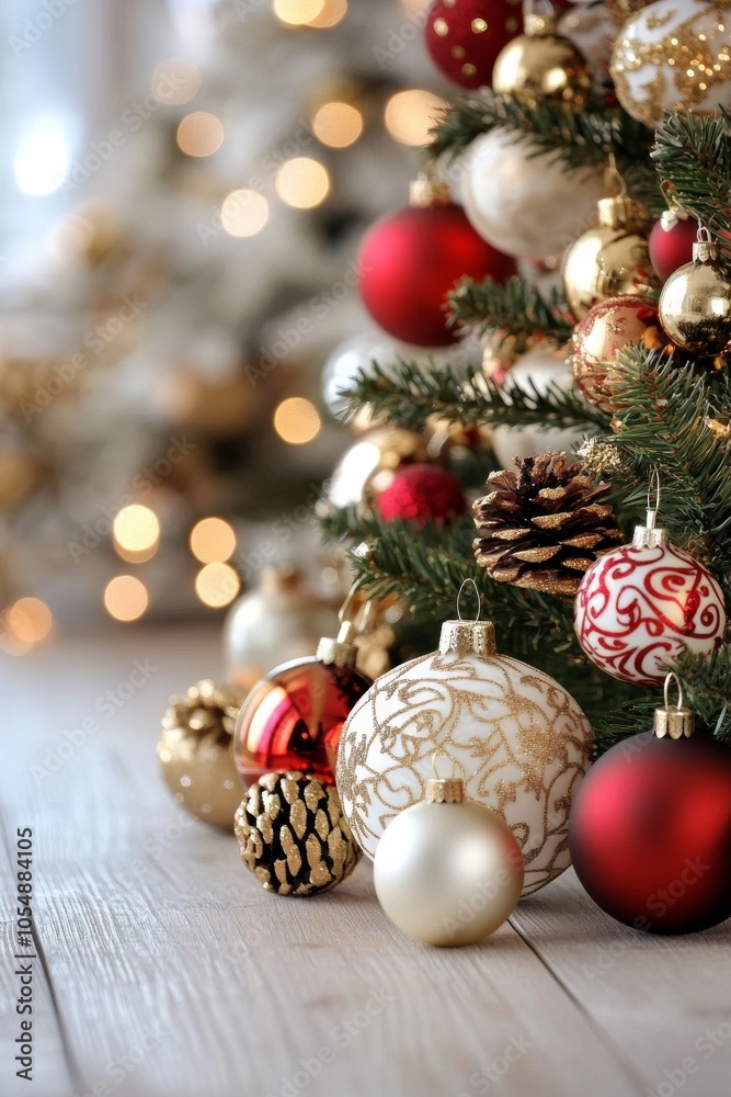 Christmas Ornament Elegance: A close-up of a beautifully decorated Christmas tree, showcasing a variety of ornaments in red, gold, and white, creating a festive and elegant atmosphere. The soft. Christmas Ornament Elegance: A close-up of a beautifully decorated Christmas tree, showcasing a variety of ornaments in red, gold, and white, creating a festive and elegant atmosphere. The soft.
