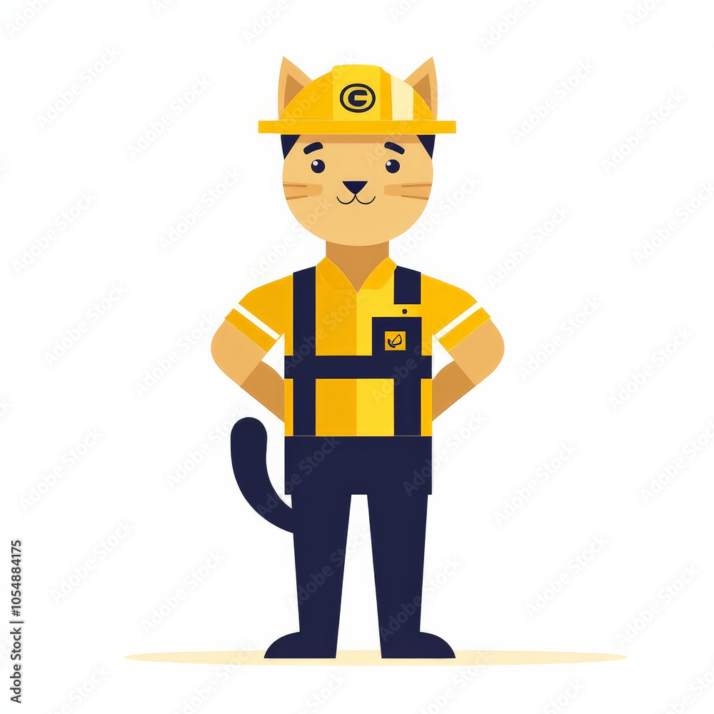 cartoon cat dressed as construction worker, wearing hard hat and uniform, stands confidently with hands on hips. This playful design captures fun and modern vibe cartoon cat dressed as construction worker, wearing hard hat and uniform, stands confidently with hands on hips. This playful design captures fun and modern vibe