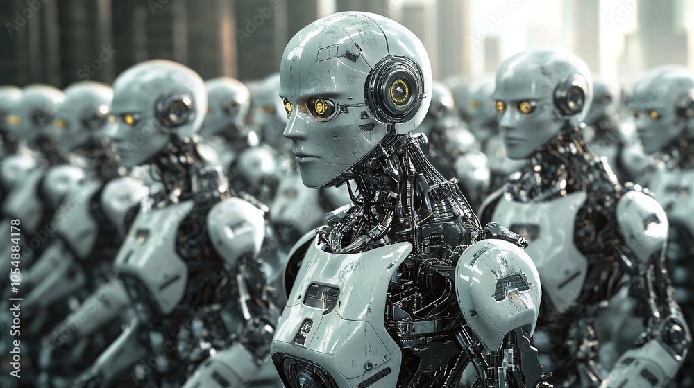 Fototapeta premium Futuristic Robot Army Standing in Formation