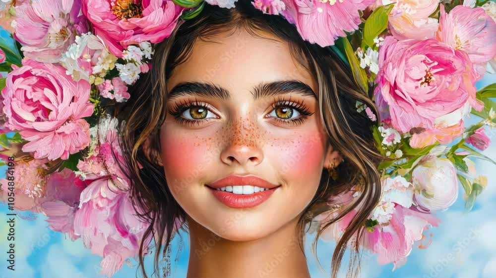 Vibrant portrait of a woman with floral headdress amidst bright blossoms