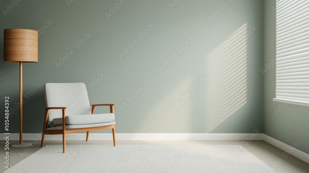 Fototapeta premium A cozy, minimalist living room features a light chair, a unique lamp, and soft natural light creating a serene atmosphere.