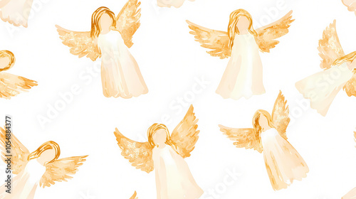 Watercolor painting of golden angels with wings on a white background photo