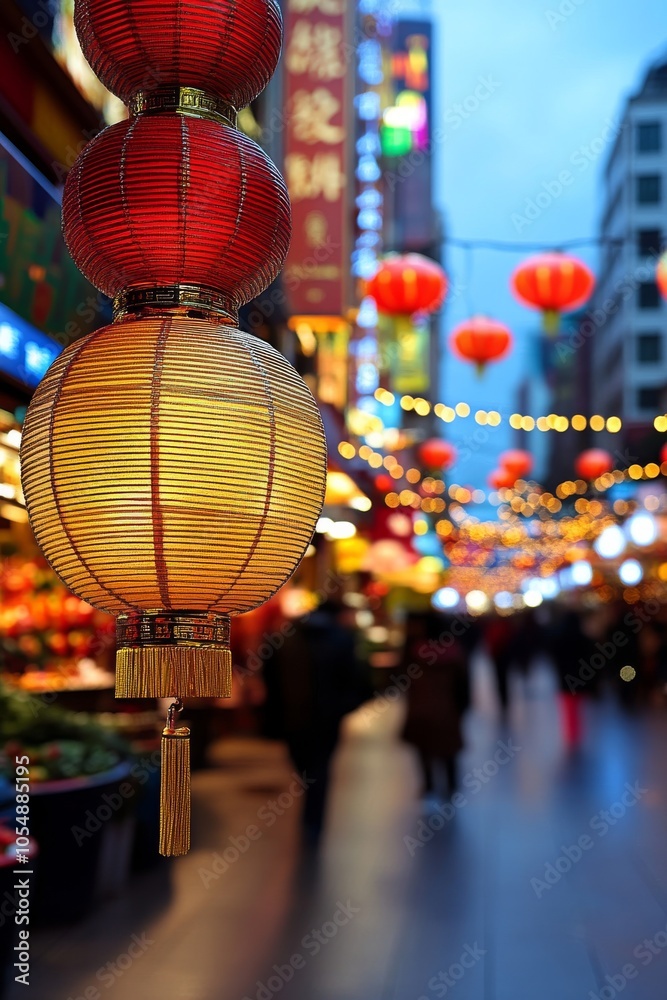 Chinese New Year Lanterns in the City: Close-up of red and gold lanterns glowing against the backdrop of a vibrant city street, capturing the essence of the festive season.