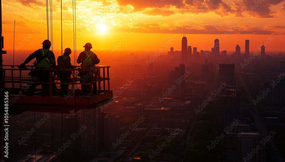 Fototapeta premium Construction workers overlook a stunning sunset skyline, capturing a moment of hard work and beauty in a bustling urban environment.