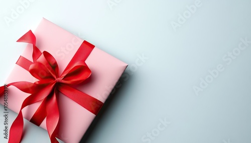 A beautifully wrapped pink gift box with a vibrant red ribbon, set against a soft, light background, perfect for special occasions.