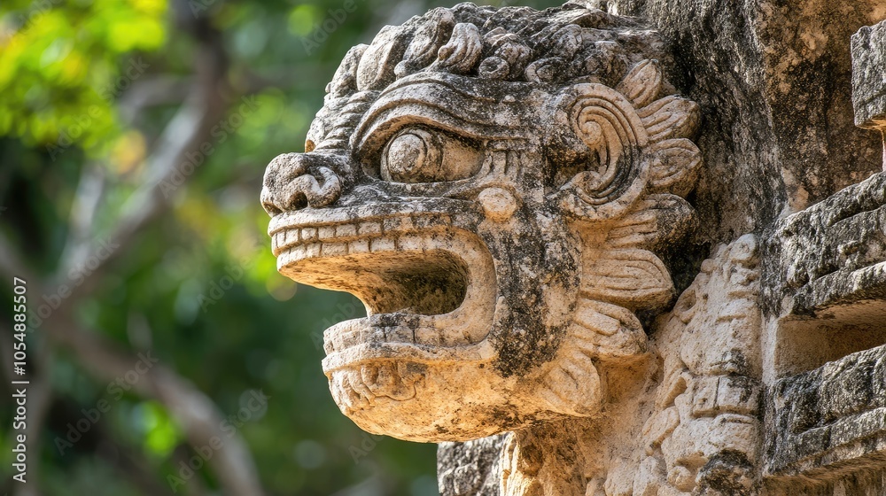 Close-up of the feathered serpent motif carved on a stone at Chichen Itza, representing the rich mythology of the Mayans. No people included. Close-up of the feathered serpent motif carved on a stone at Chichen Itza, representing the rich mythology of the Mayans. No people included.