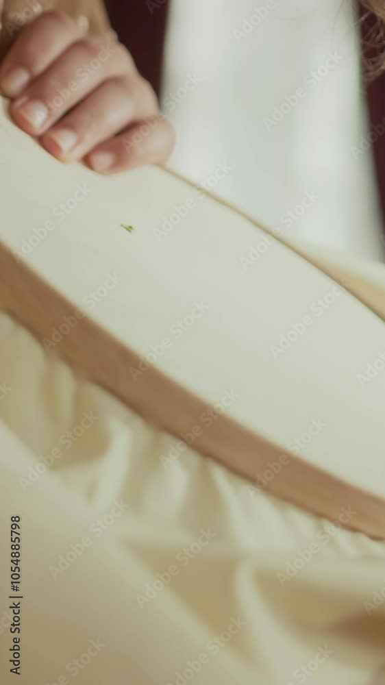 Vertical closeup of anonymous young lady wearing 19th century attire using embroidery hoop while doing needlework at home during leisure time Vertical closeup of anonymous young lady wearing 19th century attire using embroidery hoop while doing needlework at home during leisure time
