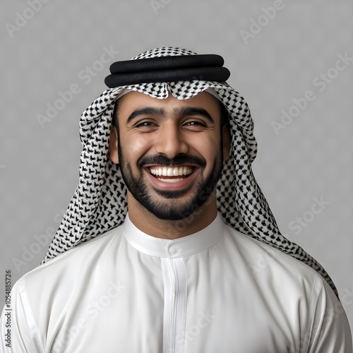 A cheerful man in traditional Middle Eastern attire smiles broadly, conveying warmth and friendliness with neutral background 