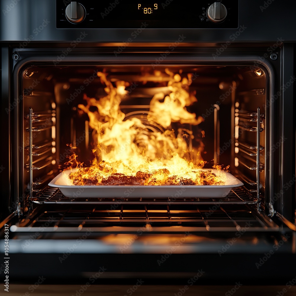 An oven with bright flames and smoke rising from a baking tray, indicating a potential fire hazard during cooking. An oven with bright flames and smoke rising from a baking tray, indicating a potential fire hazard during cooking.