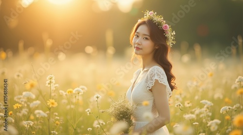 Image of a young woman in a field with autumn flowers blooming.