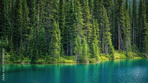 Close-up of the lush greenery surrounding Moraine Lake, capturing the vibrant flora that thrives in this picturesque environment. No people included.