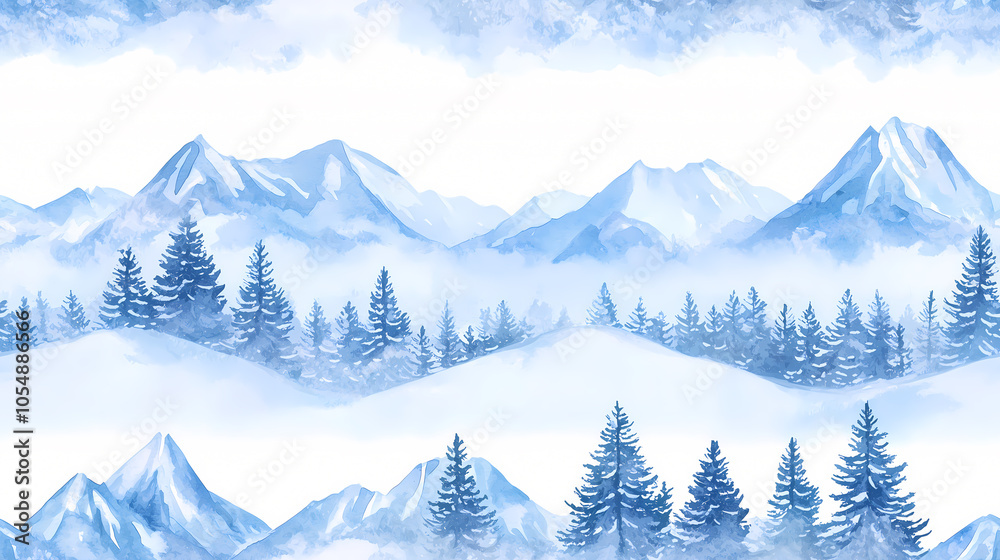 Fototapeta premium Watercolor painting of a snowy mountain range with pine trees
