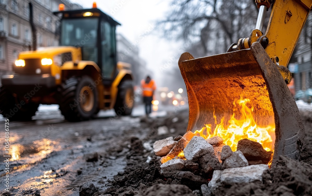 Fototapeta premium A construction site features a yellow bulldozer lifting debris, with flames igniting from the ground, amidst a winter setting and a blurred worker in the background.