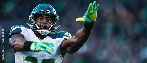 An intense moment captured during a football game, showcasing a player in action, fully engaged and ready to make a play on the field.