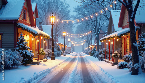 Cozy Winter Street with Festive Lights Glowing in Snowy Evening Atmosphere