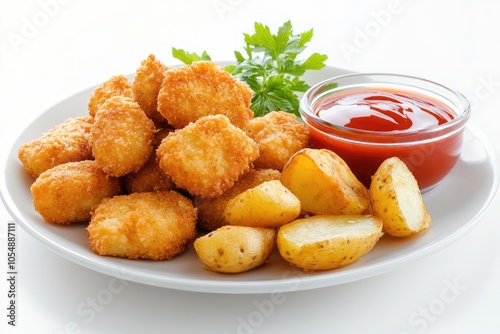 chicken nuggets and fried potatoes on a white plate