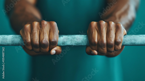 Close-up of hands gripping a barbell, showcasing strength and determination in a fitness setting. Focused on the grip and muscles for an intense look.