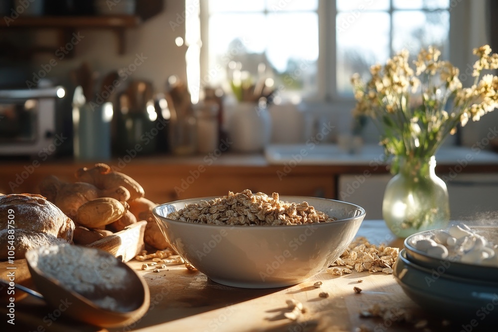 Crunchy granola with dried fruits in a blue bowl is served for breakfast on a table with pink flowers and juice by the window Crunchy granola with dried fruits in a blue bowl is served for breakfast on a table with pink flowers and juice by the window