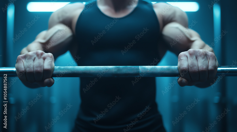 Close-up of muscular hands gripping a barbell in a gym setting, showcasing strength and determination during a workout.