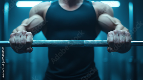 Obraz na płótnie Close-up of muscular hands gripping a barbell in a gym setting, showcasing strength and determination during a workout. w salonie