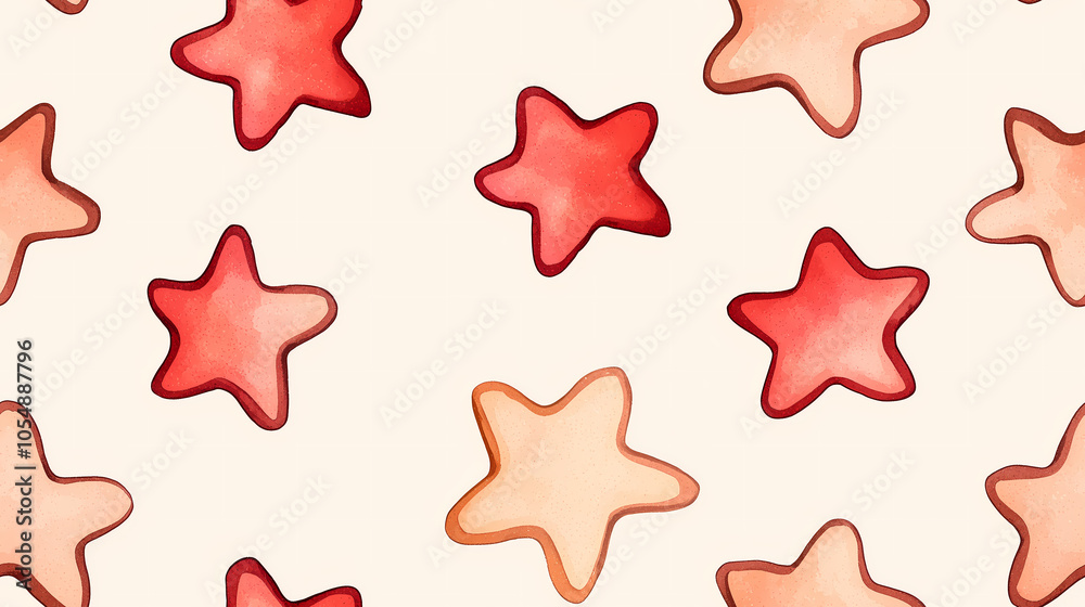 Watercolor pattern of red and peach five-pointed stars Watercolor pattern of red and peach five-pointed stars