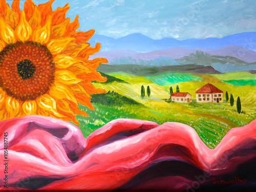 Tuscany Balcony View of Countryside with Sunflower Painting