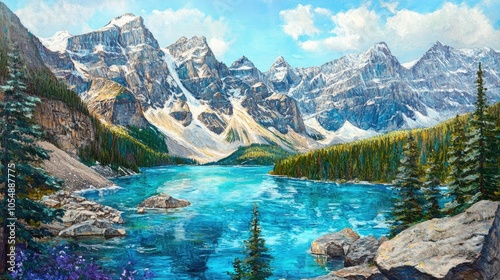 Close-up of the vibrant blue waters of Moraine Lake, framed by the stunning backdrop of the surrounding snow-capped mountains. No people included.