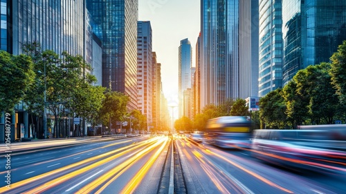 Cityscape with Blurred Traffic Lights at Sunset