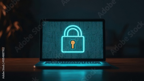 A glowing padlock symbol on a laptop screen represents digital security and encryption in a dark environment.