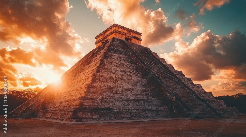 Obraz premium Dramatic view of El Castillo at sunset, with warm colors illuminating the pyramid and creating a magical atmosphere. No people included.