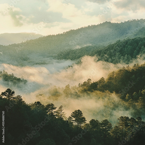 Gentle mist rising over forested hills, pastel watercolor effect, ethereal light,Generative AI
