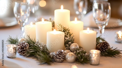 A simple yet elegant table centerpiece with white pillar candles, silver pinecones, and sprigs of fresh rosemary.