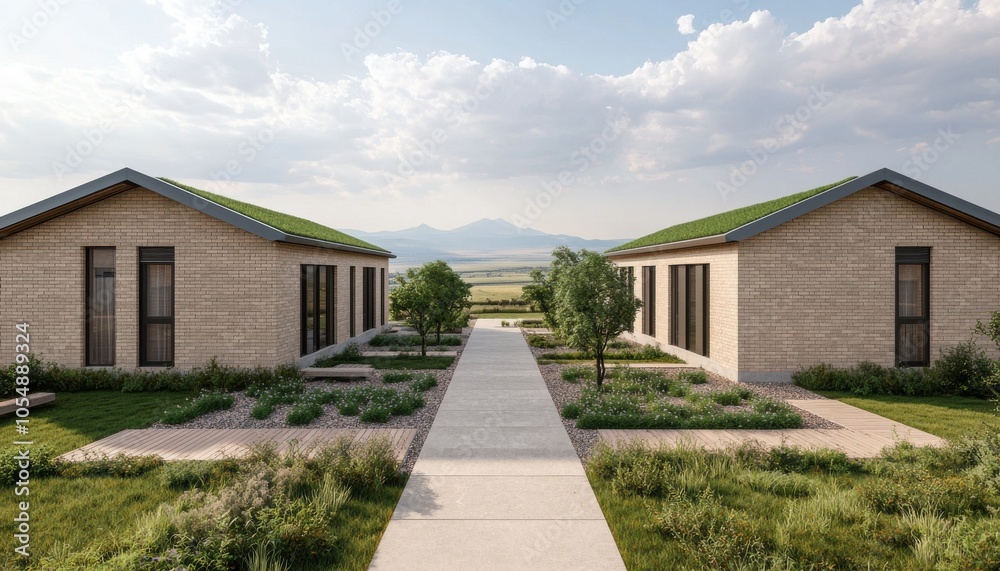 Modern eco-friendly houses with green roofs, surrounded by a landscaped pathway and lush greenery, set against a scenic backdrop of mountains. Modern eco-friendly houses with green roofs, surrounded by a landscaped pathway and lush greenery, set against a scenic backdrop of mountains.