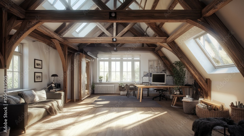 Bright and airy attic room adorned with rustic wooden beams and ample skylights, perfect for a home office or relaxation zone. Bright and airy attic room adorned with rustic wooden beams and ample skylights, perfect for a home office or relaxation zone.