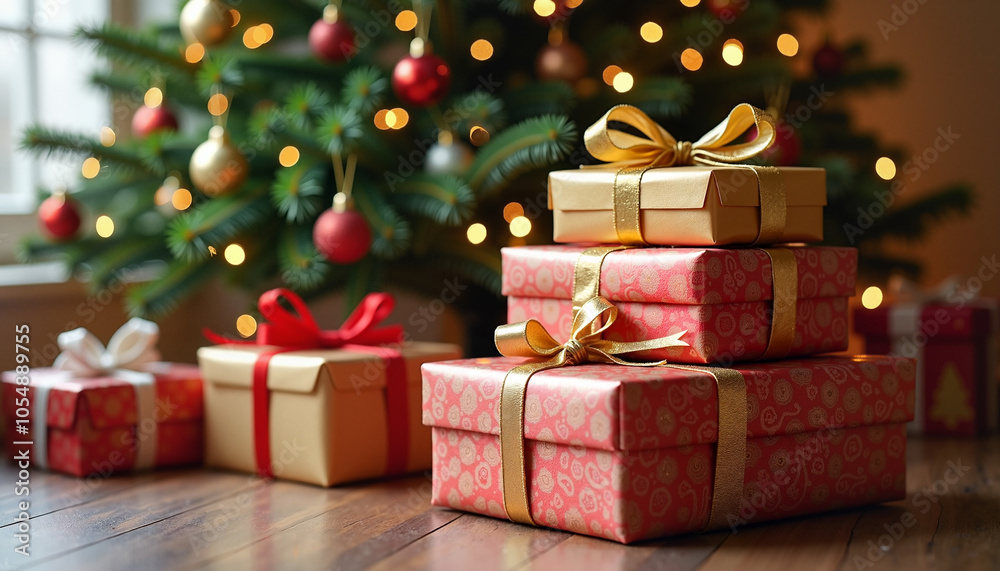 Festive Christmas Gifts Beautifully Wrapped Against Twinkling Tree Background Festive Christmas Gifts Beautifully Wrapped Against Twinkling Tree Background