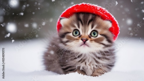 Portrait of a cute Christmas kitten in a red knitted hat under the snow