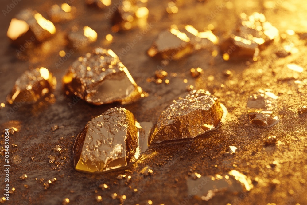 fine gold ingots and nuggets on a wet golden background fine gold ingots and nuggets on a wet golden background