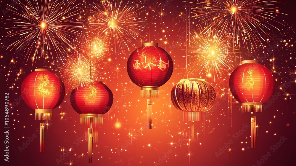 Chinese lanterns with fireworks display Chinese lanterns with fireworks display