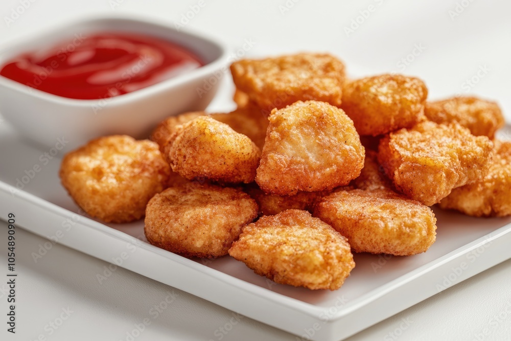 Fried crispy chicken nuggets with ketchup on white board Fried crispy chicken nuggets with ketchup on white board