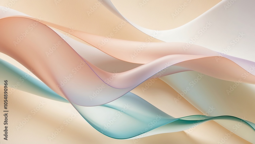 Obraz premium Layered translucent waves in soft, pastel hues gracefully curve and overlap, creating a soothing, flowing abstract scene on a light cream background. Created with generative AI technology